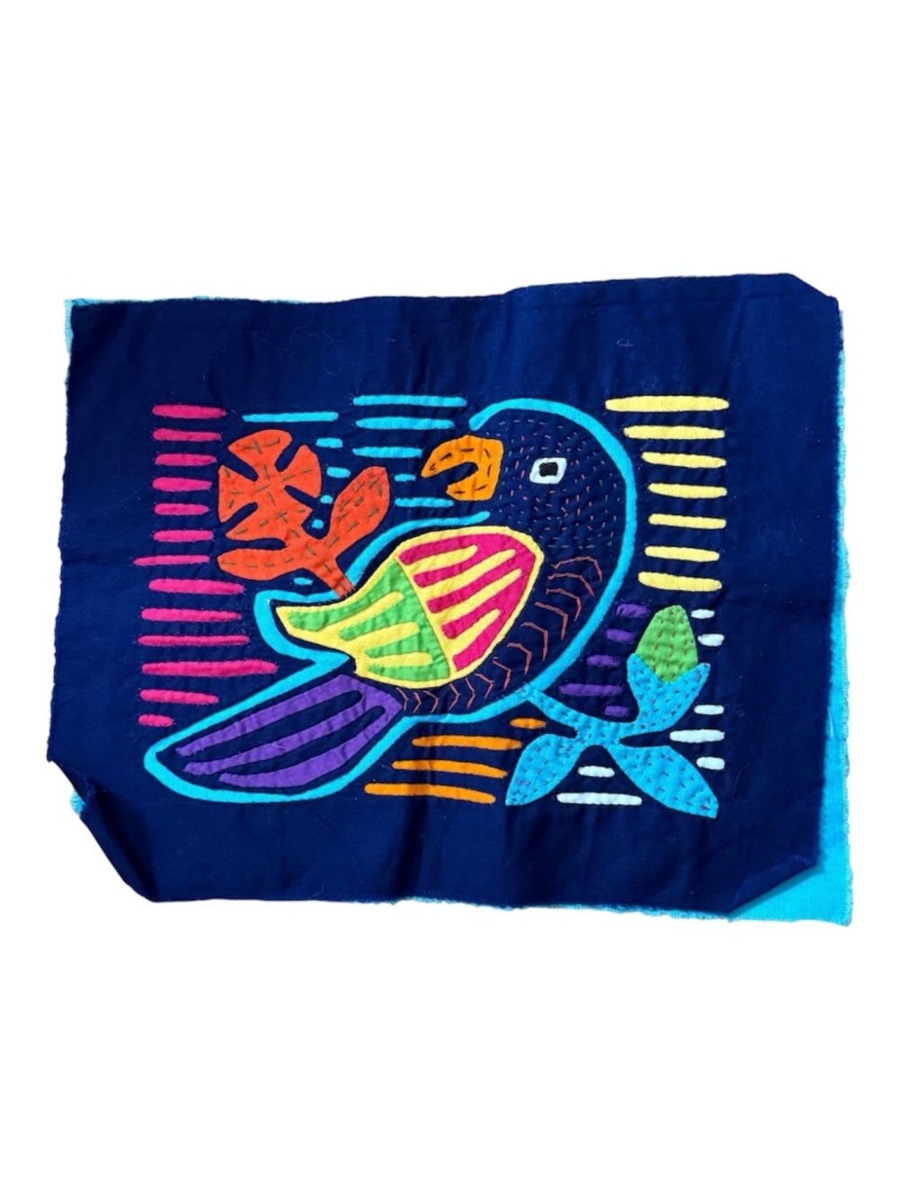 Vintage Blue Red & Yellow Parrot Mola Hand Made in Panama